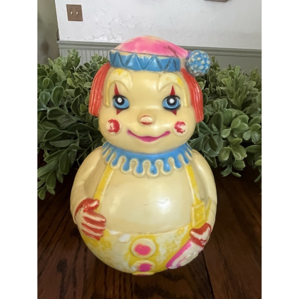 Vintage Roly Poly Baby Toy‎ Yellow Clown Retro Nursery Decor Circus